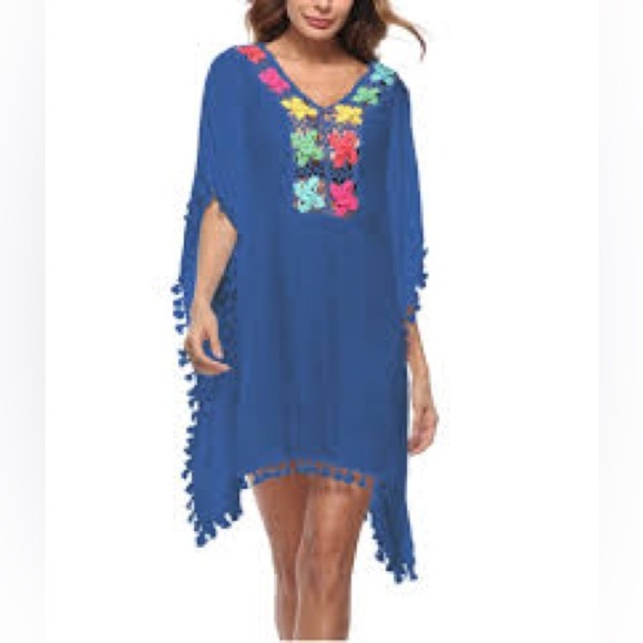 Blue Poncho Beach Coverup with Colorful Floral Accents - Picture 7 of 7
